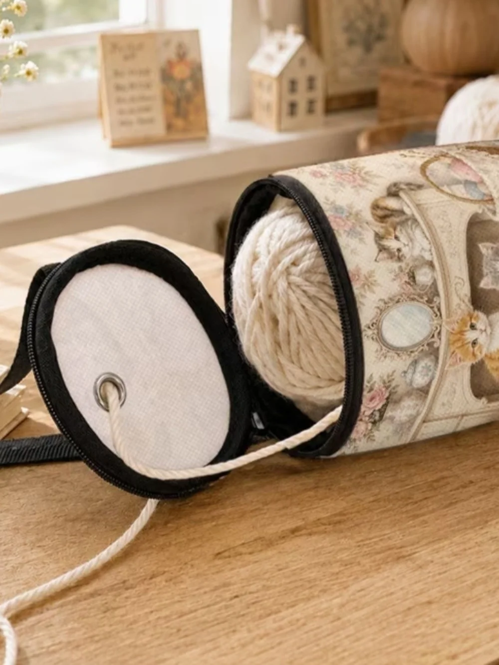Cat-Themed Yarn Keeper Tote in Cream and Black with Handle